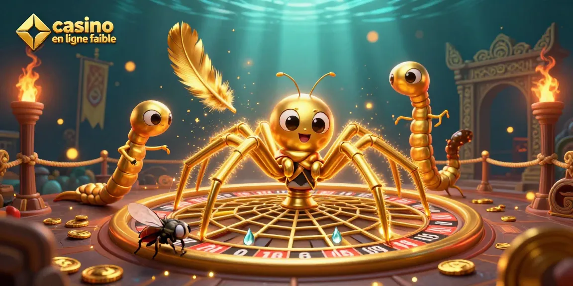 Cette illustration montre un casino en ligne fiable illustré par une araignée d'or et des jeux de roulette, créant une ambiance immersive de jeu.