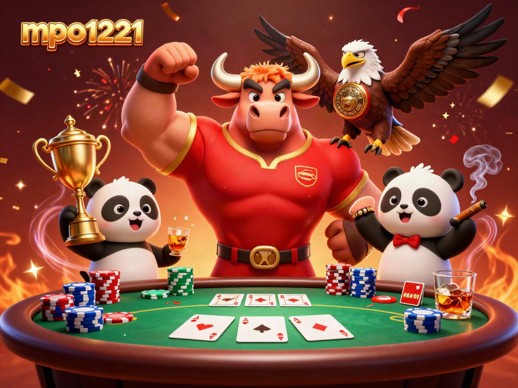 Celebrate big wins with mpo1221 as a cartoon bull mascot, eagle, and panda triumphantly share a poker table.