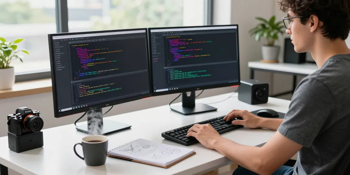 Active software developer debugging code on dual monitors, embodying the login raja328 technology workspace.