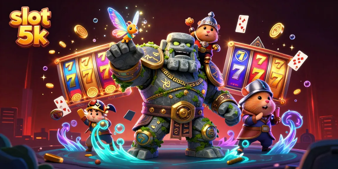 Spin to win at slot 5k with vibrant scenes of golem guardians and jackpot excitement!