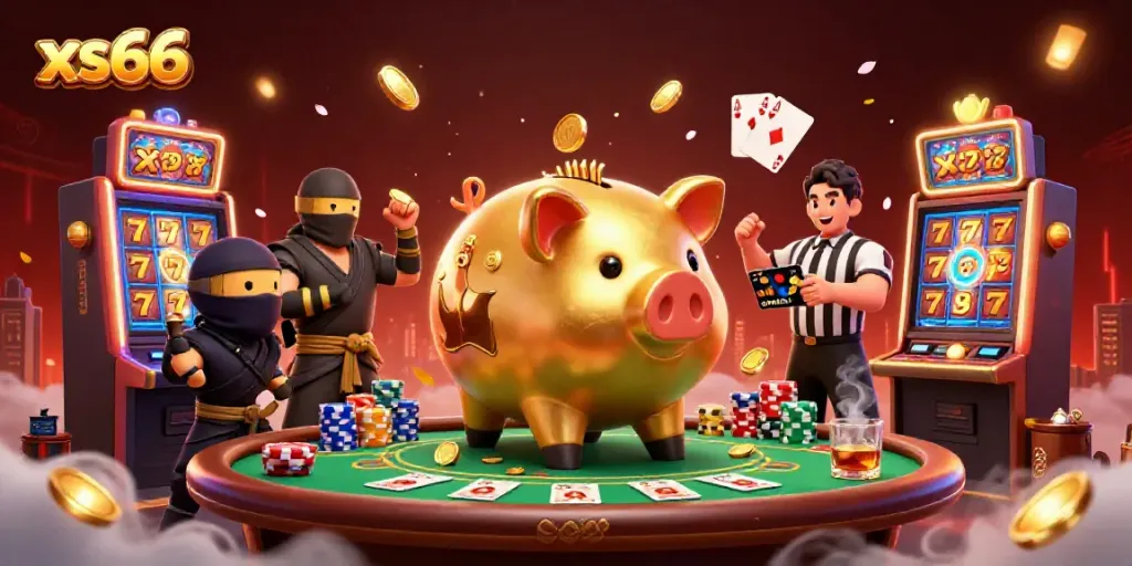 Engaging scene of xs66 featuring a golden piggy bank sumo wrestler and dynamic slot games, perfect for gamblers.