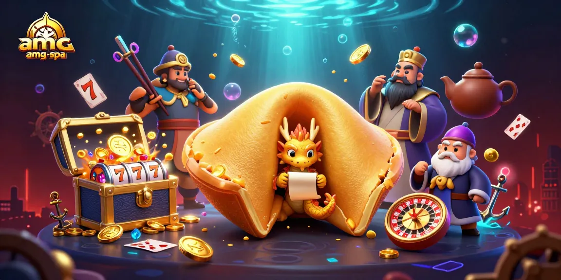 Engage with amg-spa's vibrant 3D casino scene featuring a golden fortune cookie, slot reels, and dynamic game elements.