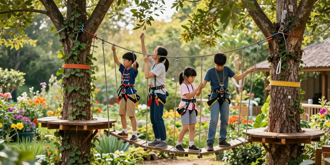 Rope Bridge design in a family garden, showcasing a vibrant DIY construction with children and trees.