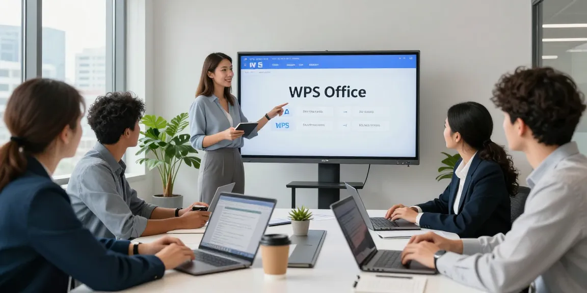 Team collaborating on WPS下载 in a modern office environment, showcasing real-time document editing with smart technology.