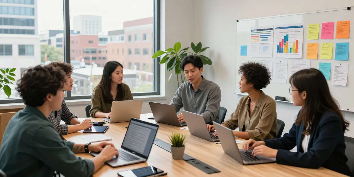 Engaged team collaborating in a Spokane marketing agency workspace focused on SEO strategies.