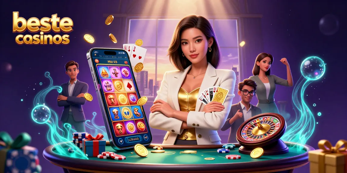 Engage with beste online casinos showcasing an elegant Asian businesswoman with poker cards amid dynamic casino elements.