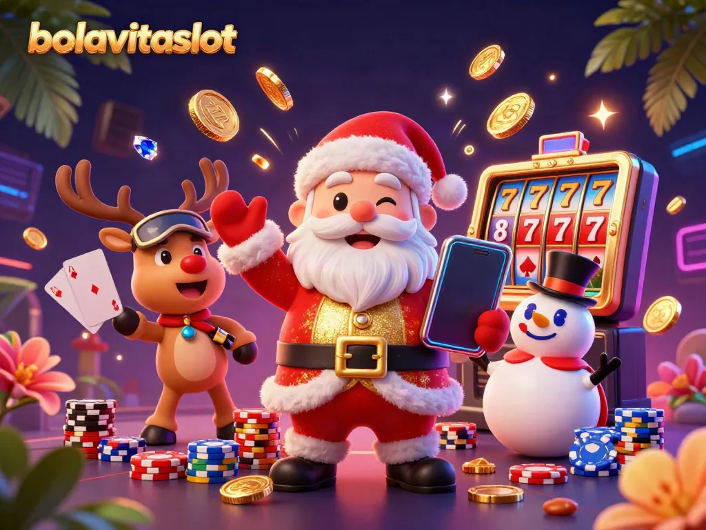 Engage with bolavitaslot's jackpot excitement featuring a festive Santa, reindeer dealer, and poker chip snowman.