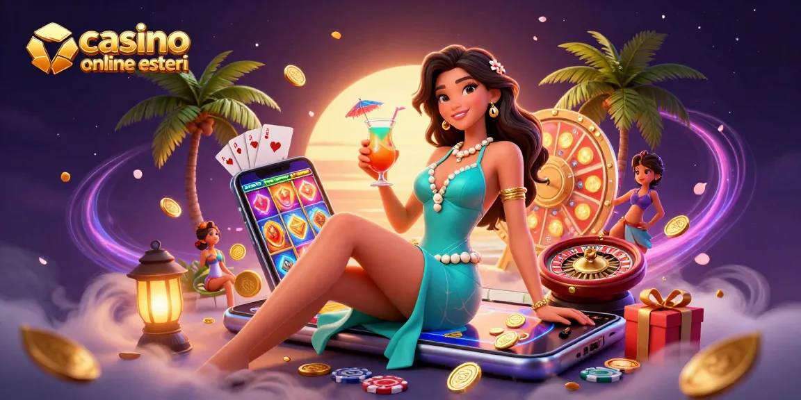 Partecipa a un gioco emozionante nei casino online esteri con una scena tropicale 3D che presenta giochi di slot e vincite.