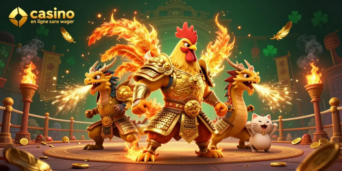 Découvrez une scène dynamique de casino en ligne sans wager avec un coq combattant et un dragon.