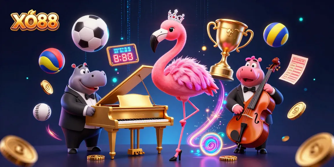 Xo88 brings exhilarating entertainment with a flamingo singer and cool hippo bassist in an electrifying casino scene.