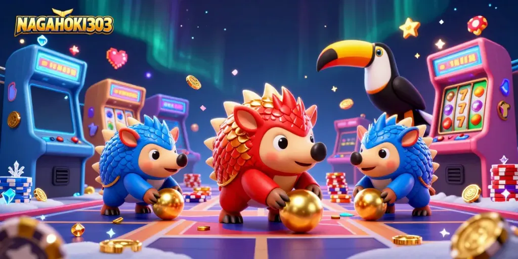 Bermain slots dan mengumpulkan kemenangan bersama NAGAHOKI303 dengan rival pangolin dalam ilustrasi kasino 3D yang ceria.