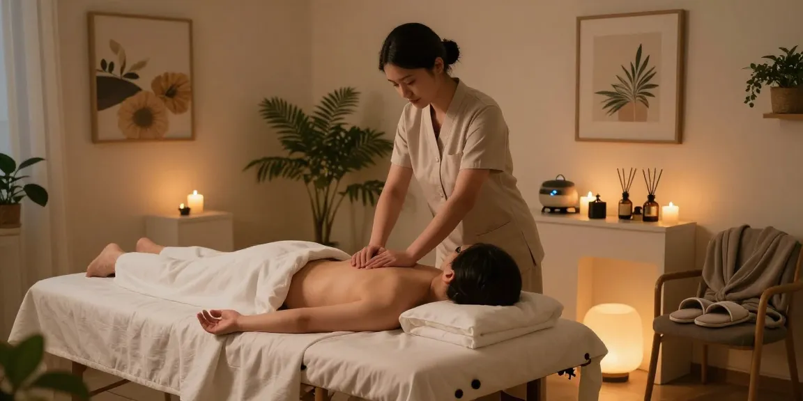 출장마사지 treatment session in a serene wellness center with calming decor and ambient lighting.