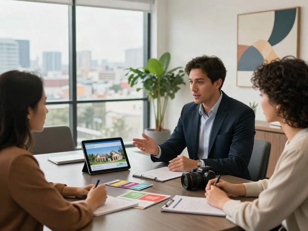 Discussing deposit 10k options with real estate agent in modern office.