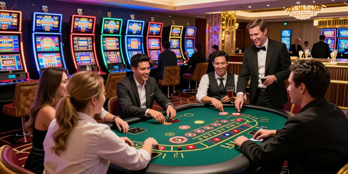Scène de casino en ligne captivante avec des amis profitant de jeux en direct et d'une atmosphère vibrante.