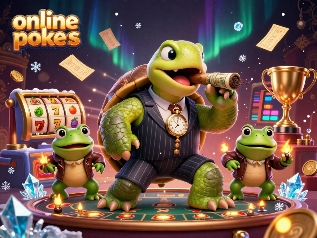 Engage with thrilling online pokies action featuring a vintage mobster turtle and frog enforcers in a vibrant casino scene.