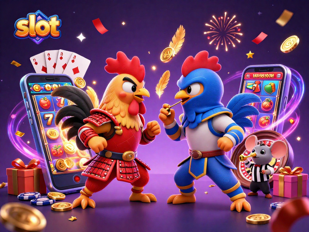 Engage in thrilling slot action with colorful roosters in armor battling amidst vibrant casino elements.
