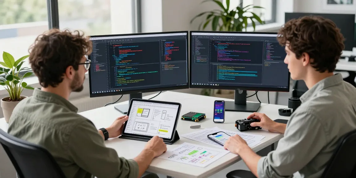 Developer at telegraimin.com coding in modern workspace with vibrant app designs
