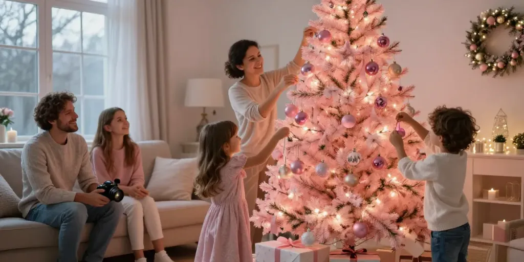 Family decorating a pink Christmas tree with pink decor in a cozy living room.