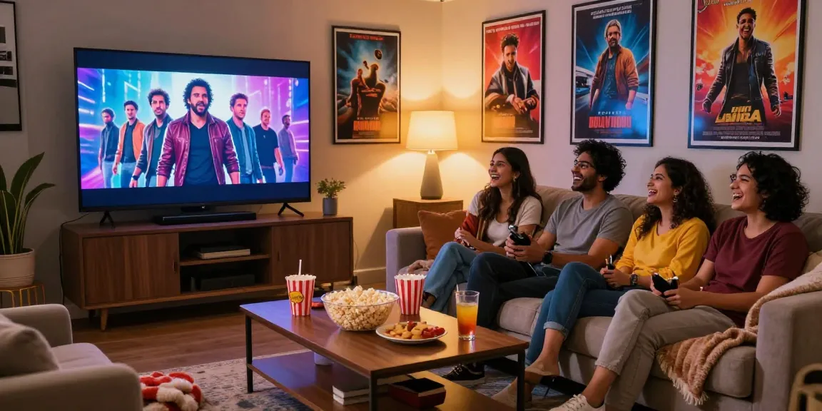 Friends enjoying a movie night with popcorn and drinks at https://bolly4uorg.in in a cozy living room.