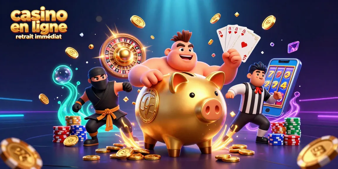 Jouez sur casino en ligne retrait immédiat avec une illustration dynamique mettant en scène des personnages de jeux et des éléments de casino captivants.