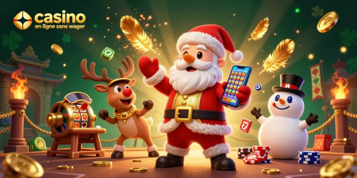 Le casino en ligne sans wager illumine la scène avec Santa au smartphone, accompagné d'un renne et d'un bonhomme de neige.