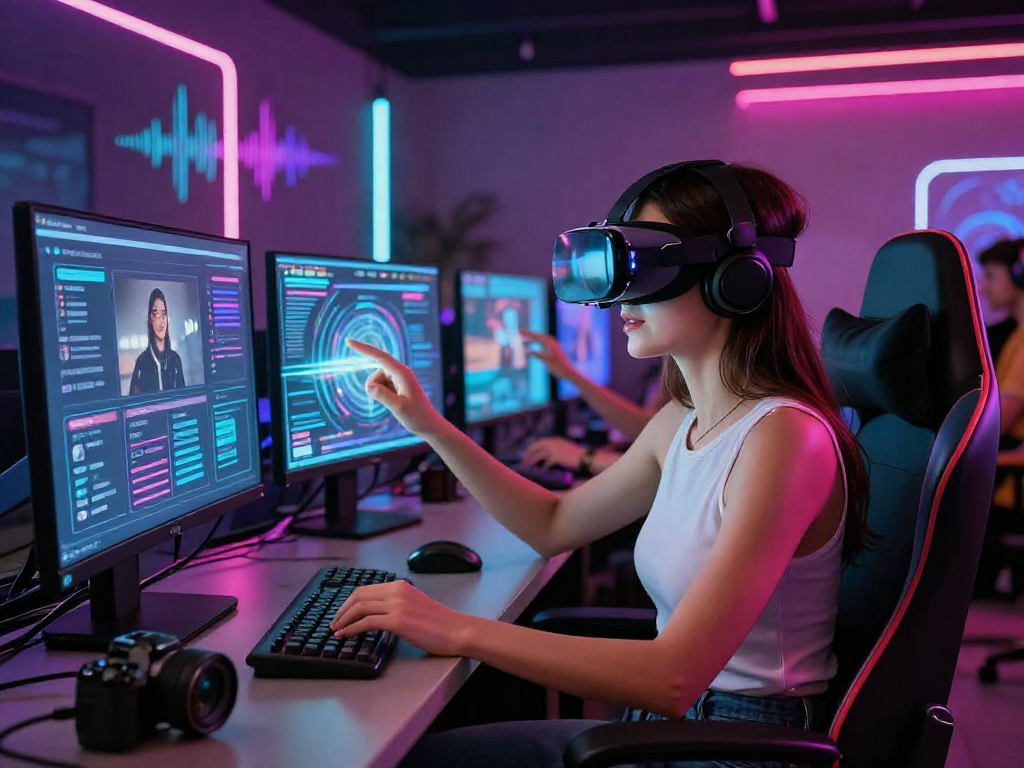 Interactive AI sluts platform with user in VR, showcasing digital features.