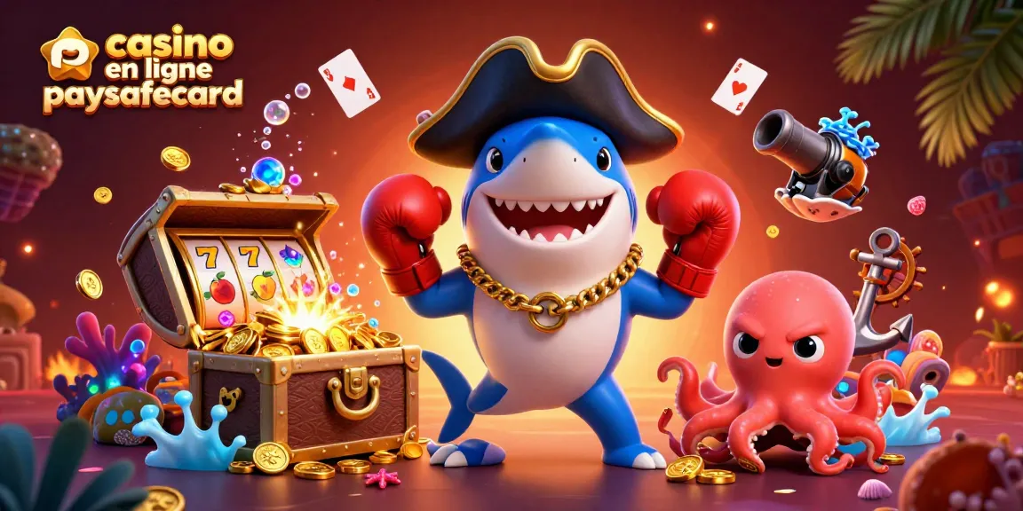 Image représentant un casino en ligne paysafecard avec un requin pirate cartoon et des éléments de jeu colorés.