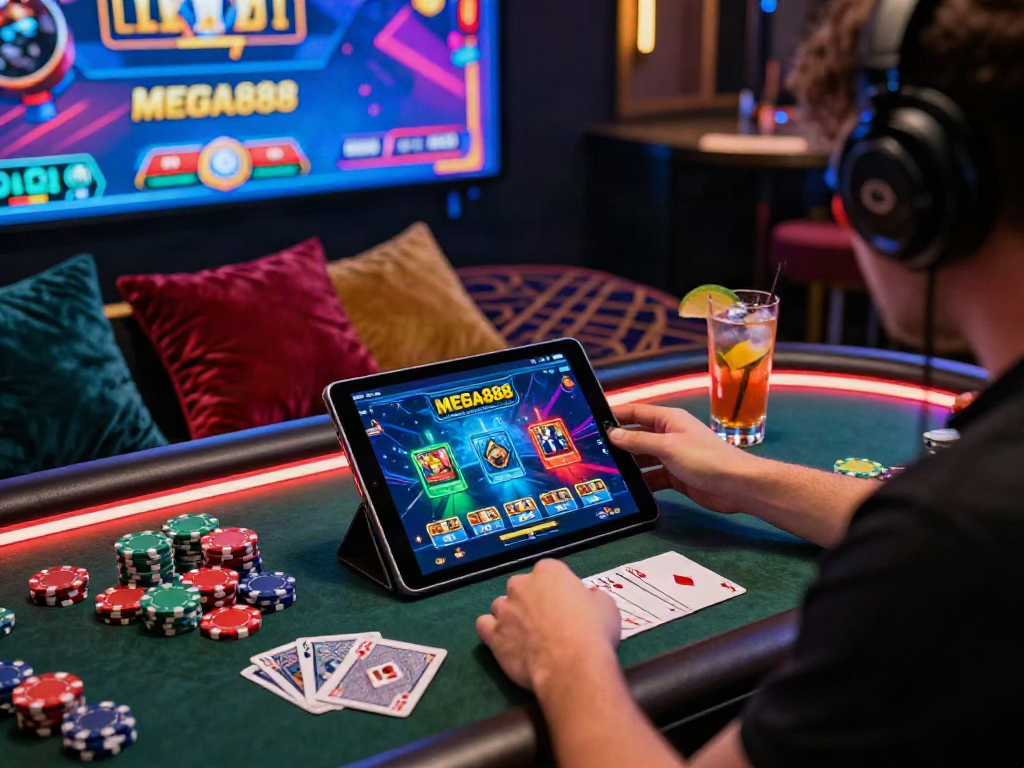 Player enjoying MEGA888 on a tablet amidst a vibrant gaming setup with chips and cards