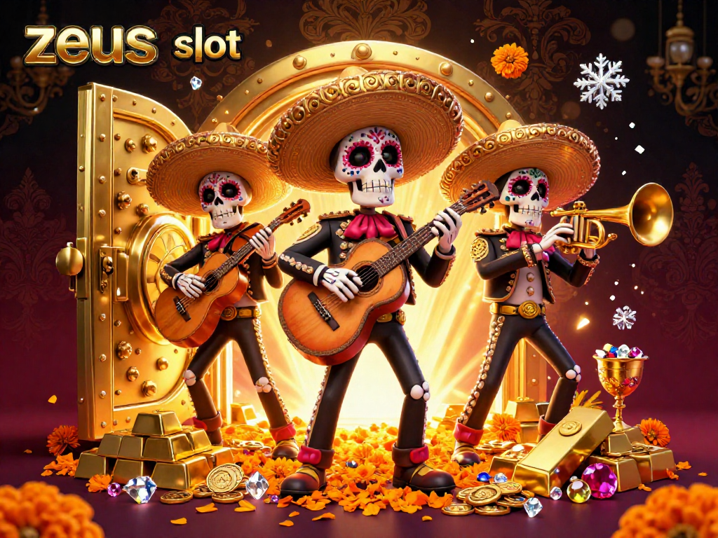 Win big at zeus slot with vibrant mariachi skeletons in a sparkling 3D casino scene.