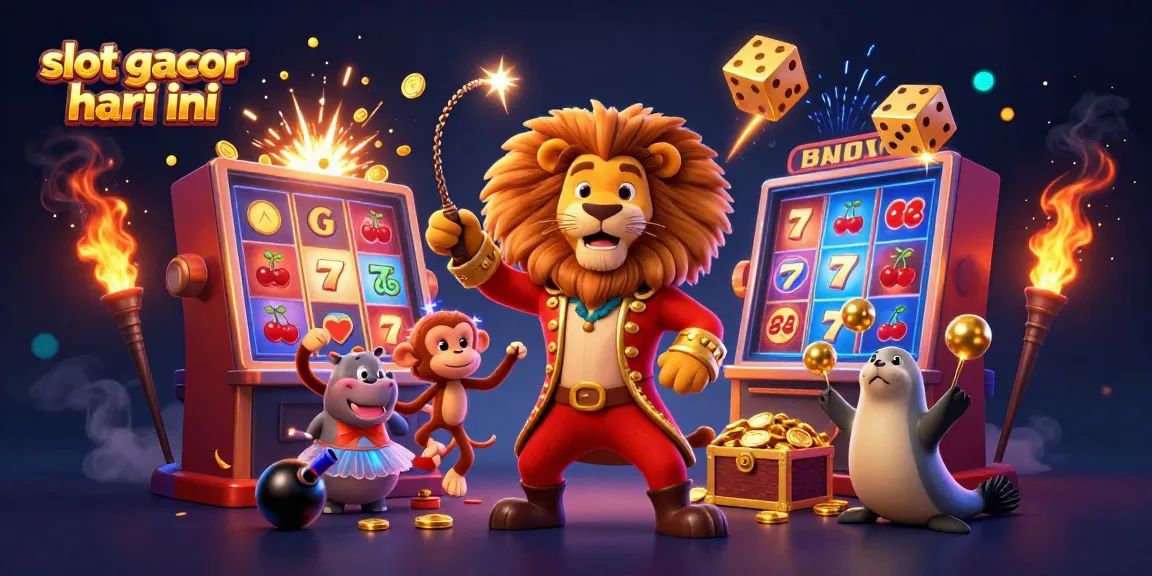 Permainan slot gacor hari ini dengan jackpot meledak dikelilingi karakter lucu dan elemen kasino
