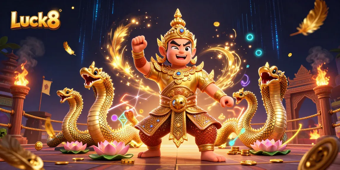 Engage with Luck8 in an exciting 3D casino scene featuring vibrant characters and dynamic gaming elements.