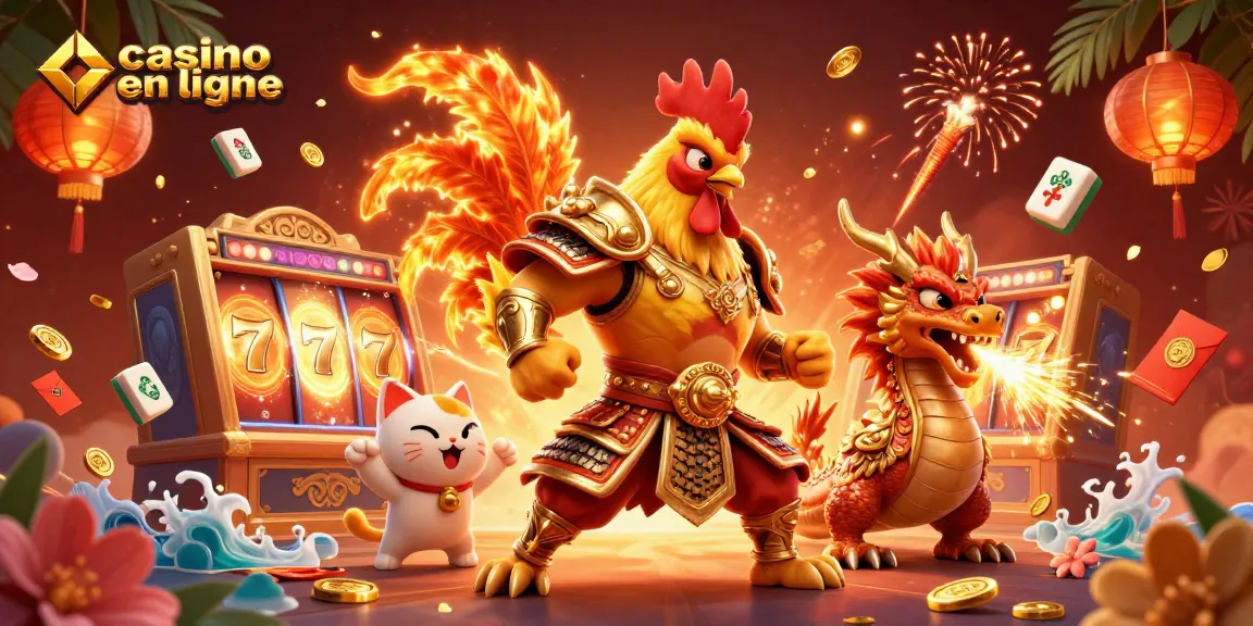 Découvrez l'excitation du casino en ligne avec une illustration vibrante d'un guerrier coq, d'un dragon nouveau-né et de symboles porte-bonheur.