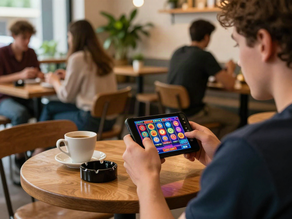 Player enjoying luxury12 slot game at café with coffee, relaxed and vibrant atmosphere.