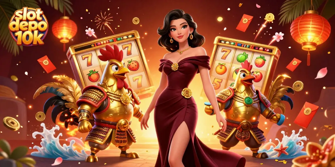 Spin and win on slot depo 10k in this vibrant casino illustration featuring glamorous characters.