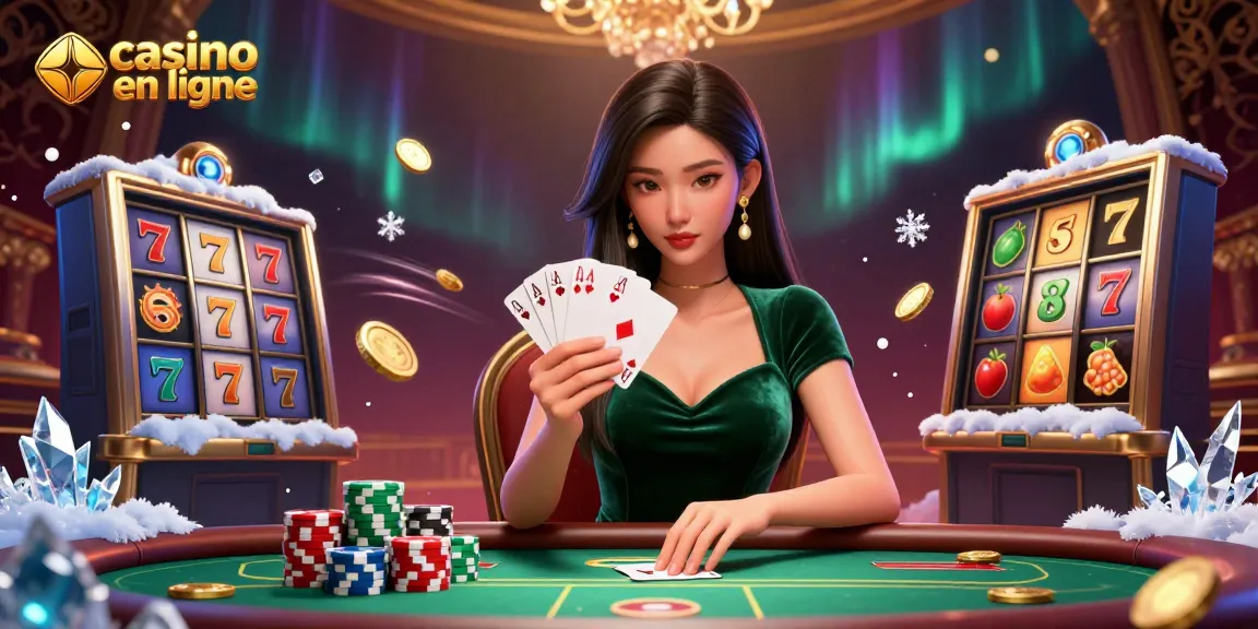 Participer à un gameplay de qualité supérieure au casino en ligne avec une scène époustouflante mettant en avant des éléments de poker et de machines à sous.