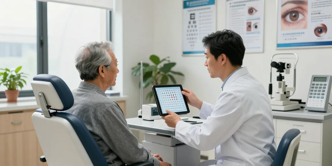 Visual of an eye doctor demonstrating the Amsler Grid for 黄斑病變檢查 in a modern clinic.