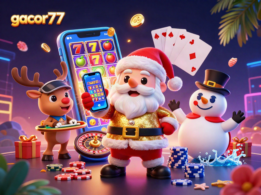 Permainan gacor77 slot dengan Santa, rusa, dan boneka salju dalam suasana kasino yang ceria.