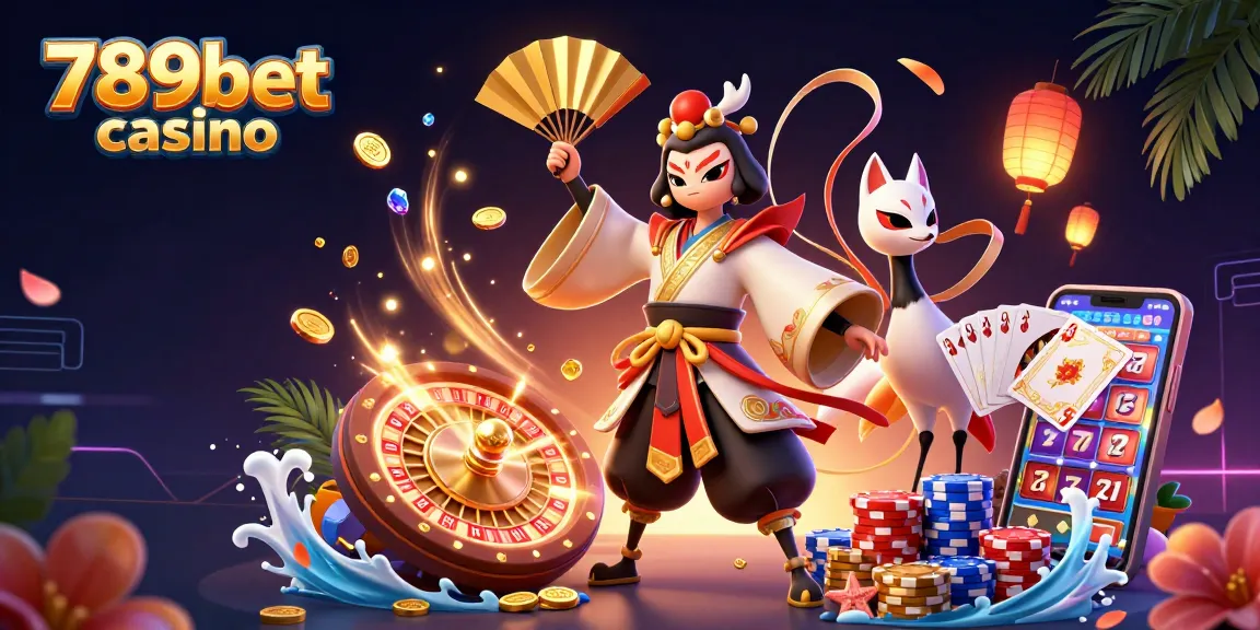 A thrilling scene showcasing 789bet casino with a kabuki warrior and kitsune mask alongside casino elements, creating a vibrant atmosphere.