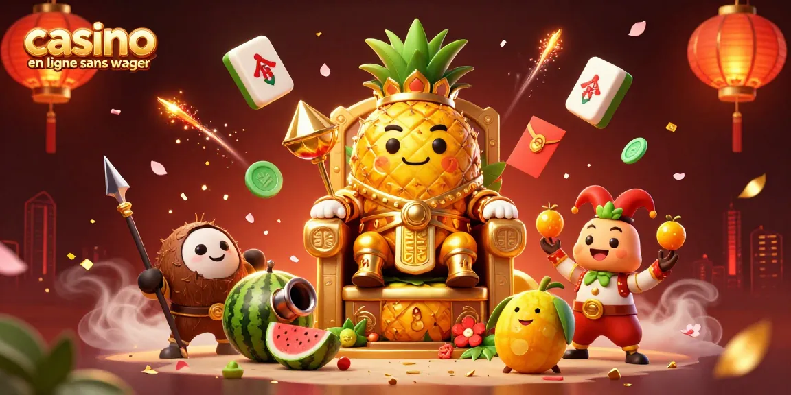 Jouer dans un casino en ligne sans wager avec le roi ananas, des gardes et un bouffon sur une plage