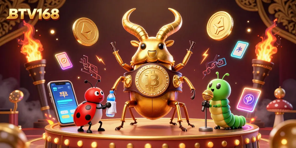 BTV168 players engage with a rich 3D casino scene featuring a glowing golden stag beetle and vibrant cryptocurrencies.