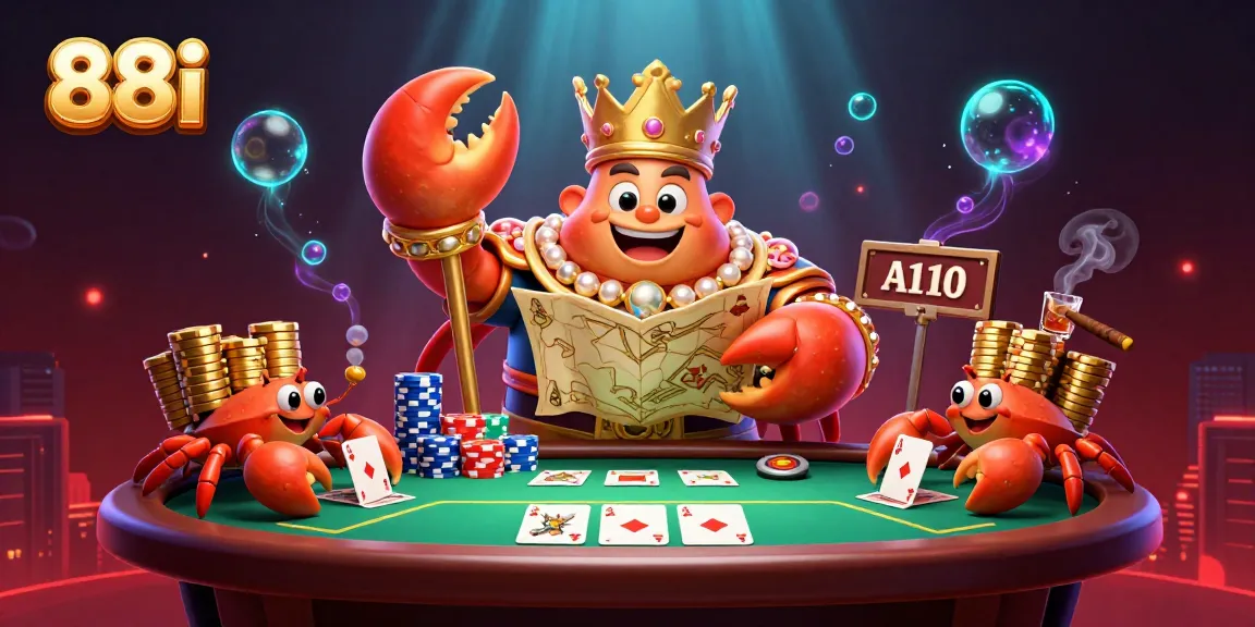 88i’s golden crab emperor presides over a vibrant poker scene with stacks of chips and glowing elements.