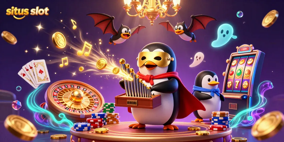 Engage in exciting situs slot experiences with vibrant casino elements, featuring golden coins and slot machine symbols.
