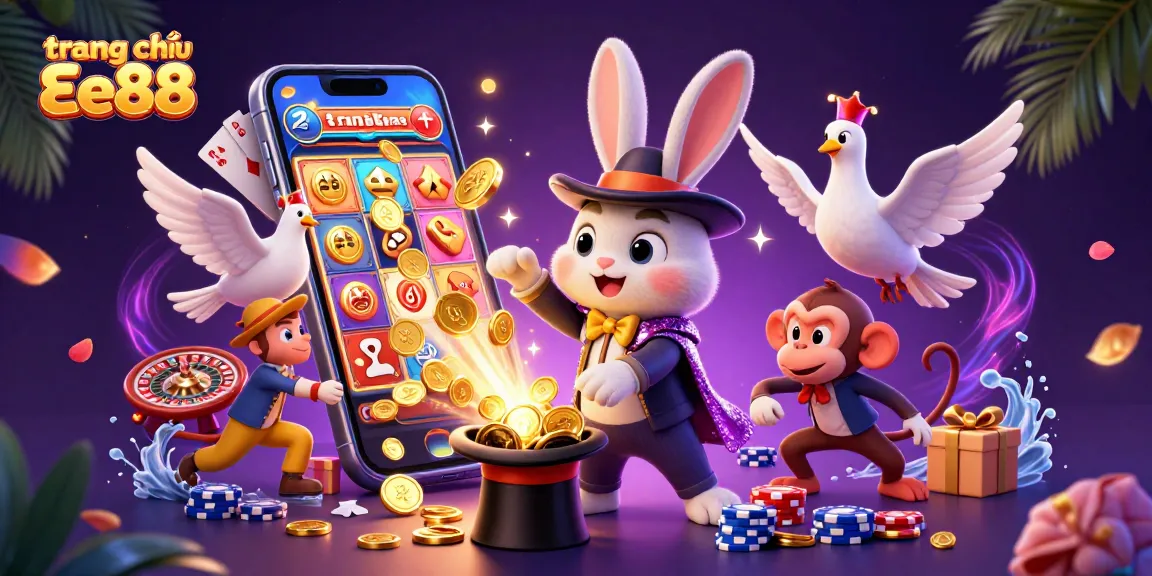 Experience the magic at trang chủ Ee88 with a 3D magician pulling coins while surrounded by casino elements.