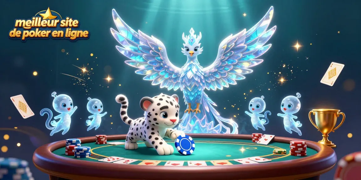 Jouez sur le meilleur site de poker en ligne avec une illustration dynamique montrant un phénix de glace et un cub de léopard.