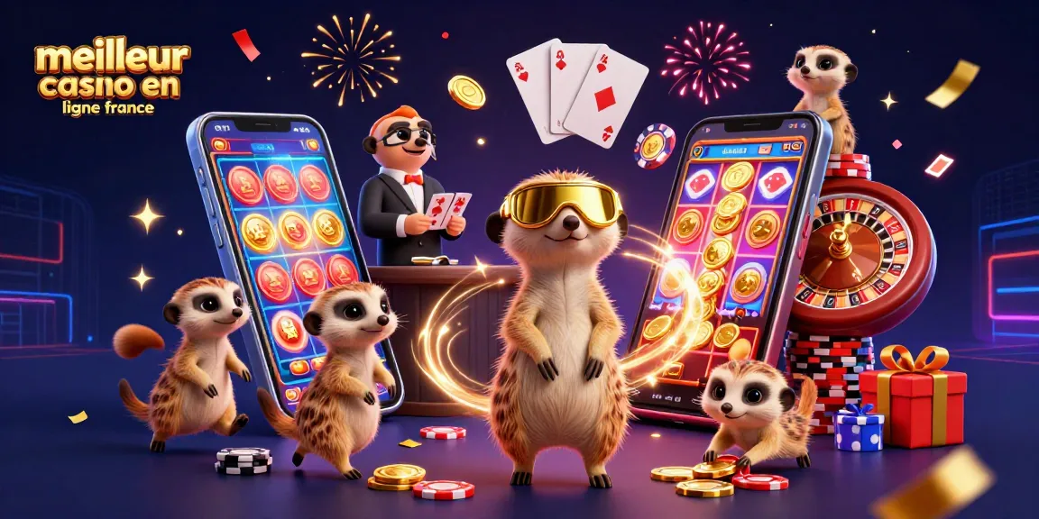 Illustration animée d'une colonie de suricates opérant un casino, mettant en avant le meilleur casino en ligne France avec des jeux variés.
