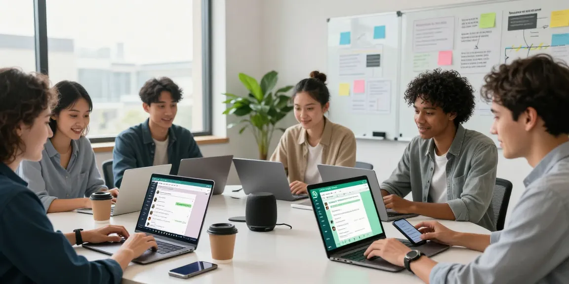 Professionals utilizing WhatsApp網頁版 in a collaborative workspace, showcasing diverse teamwork.
