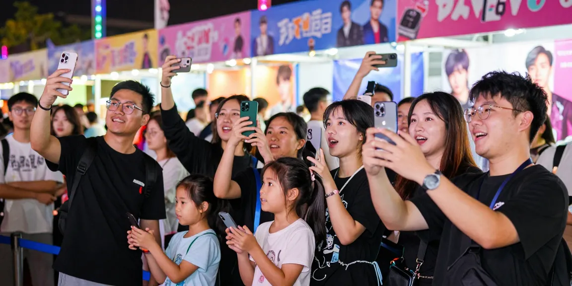 Capture of joyous audience at a funfair comparing selfies, showcasing celebrities that look alike.