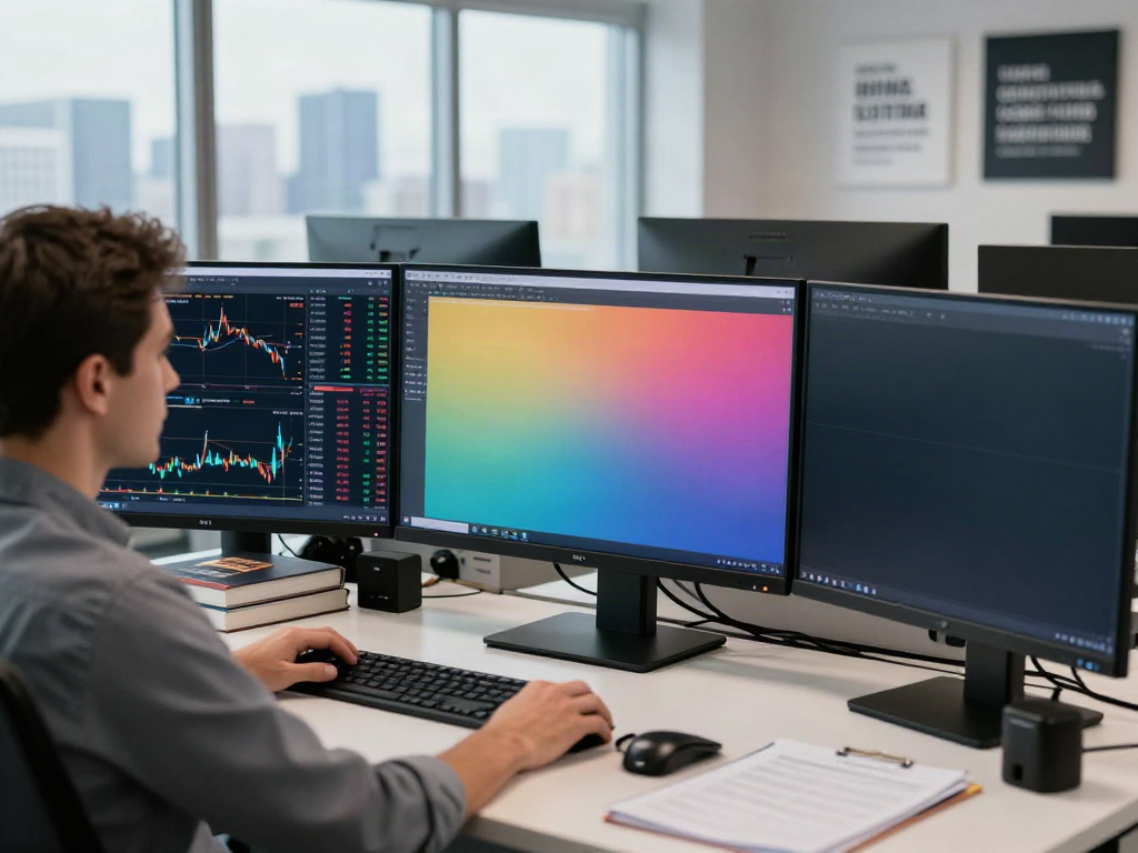 Trader using TradingView charts in a modern office setup.