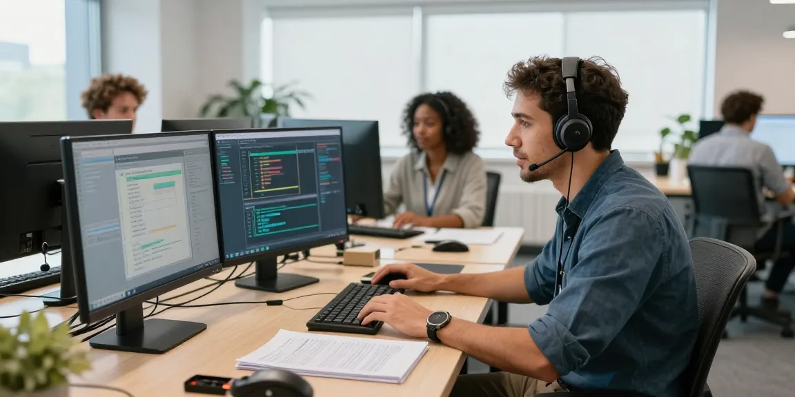 Telus-Technical-Support team assisting a user with tech issues in a modern office setting.