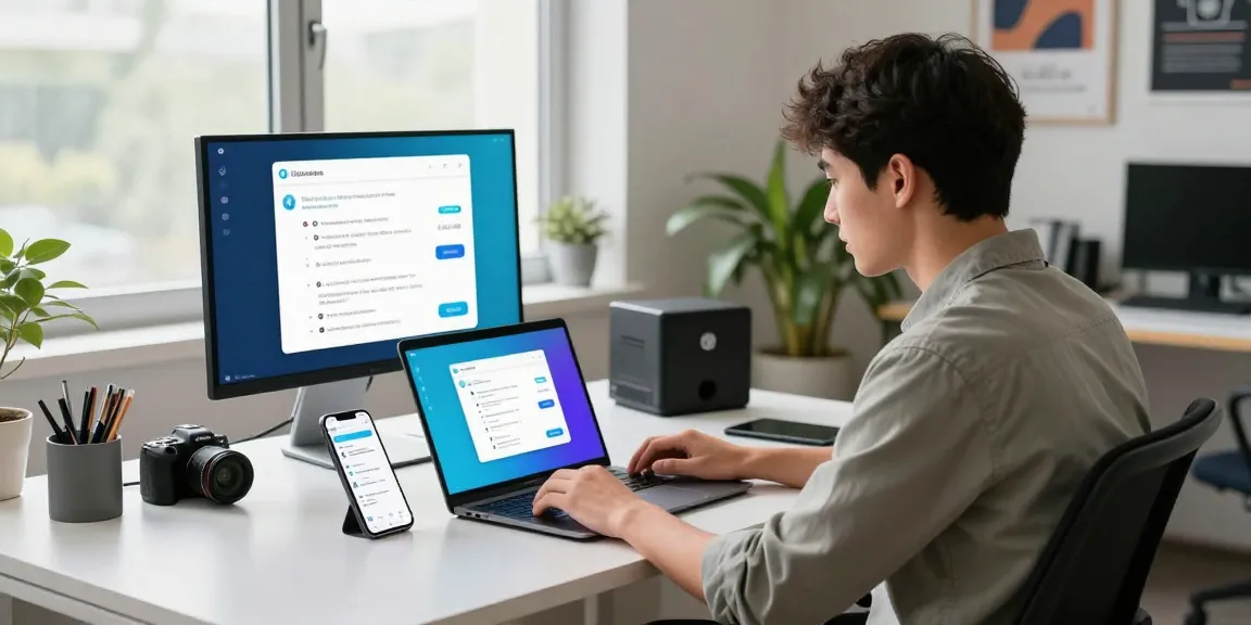 Engaged professional exploring 纸飞机中文版 features on a modern tech workspace desk.